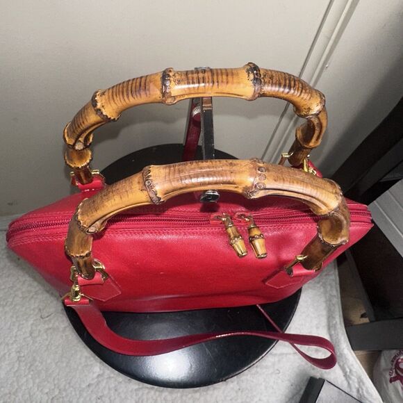 Authentic Vintage GUCCI Bamboo Red Calf Leather 2-Way Shoulder Hand Bag - Picture 3 of 13